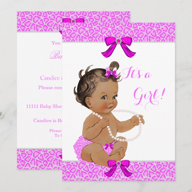 Baby Shower Flicka Varmt Rosa Leopard Pärlor Brune Inbjudningar (Fram/baksida)