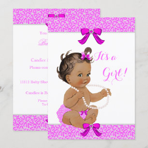 Baby Shower Flicka Varmt Rosa Leopard Pärlor Brune Inbjudningar