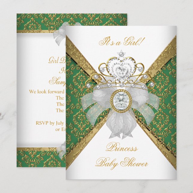 Baby Shower Flicka Vit Grön Prinsessa Damask Inbjudningar (Fram/baksida)