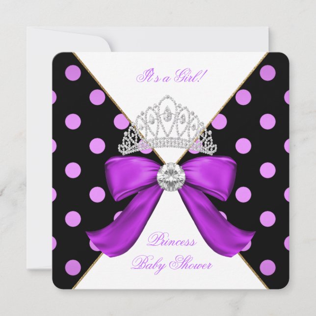 Baby Shower Flicka Vit Lila Prinsessa Prickig Inbjudningar (Framsida)