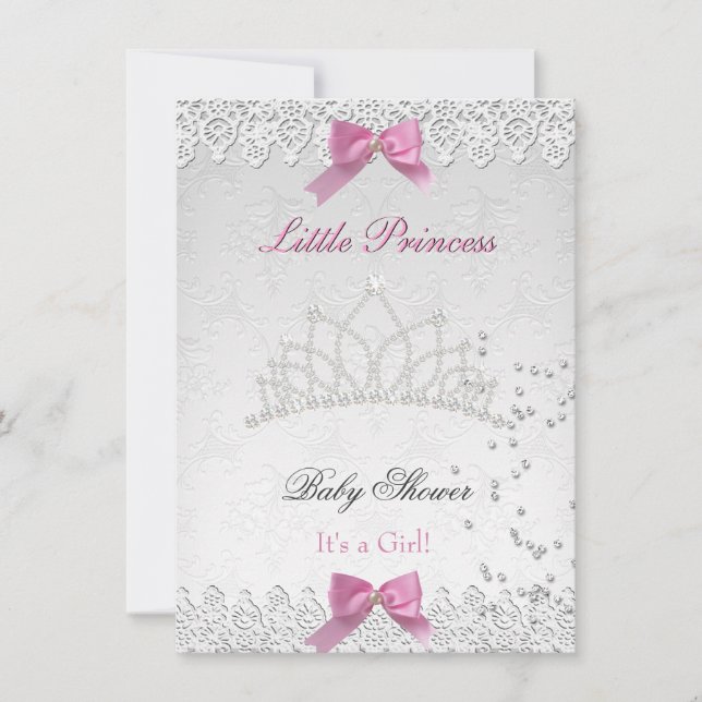 Baby Shower Flicka Vit Rosa Prinsessa Damask 2 Inbjudningar (Framsida)