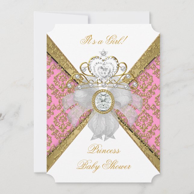 Baby Shower Flicka Vit Rosa Prinsessa Damask 2 Inbjudningar (Framsida)