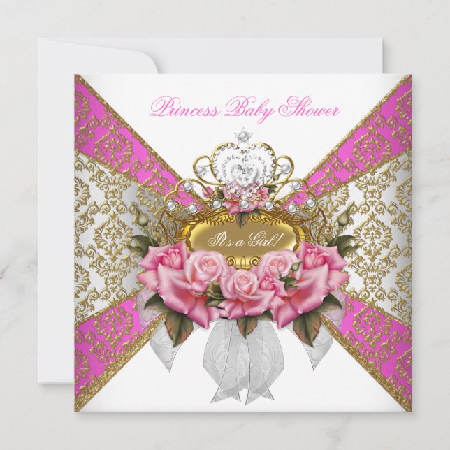 Baby Shower Flicka Vit Rosa Prinsessa Damask Ros 2 Inbjudningar (Framsida)