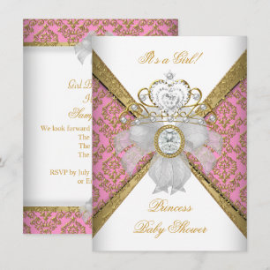 Baby Shower Flicka Vit Rosa Prinsessa Damast Inbjudningar