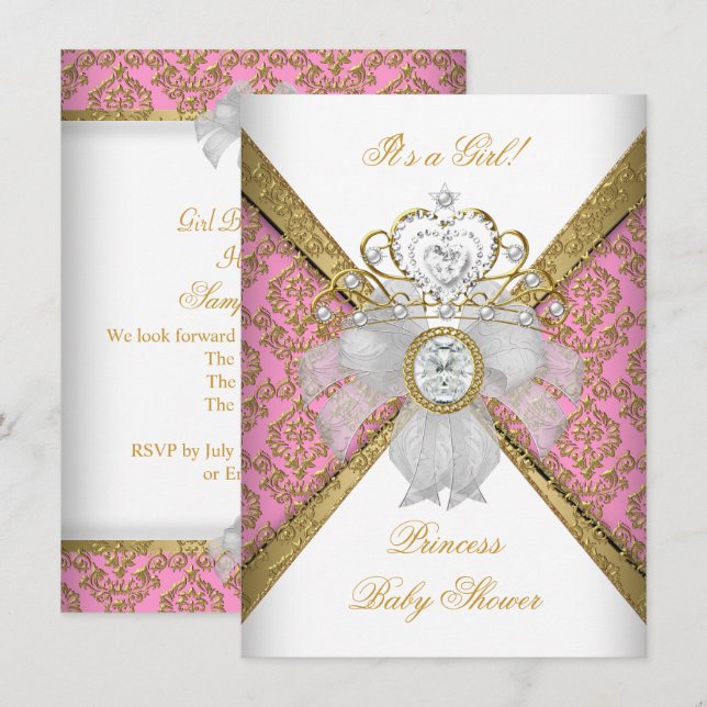 Baby Shower Flicka Vit Rosa Prinsessa Damast Inbjudningar (Fram/baksida)