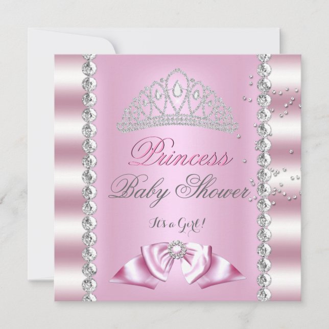 Baby Shower Flicka Vit Rosa Prinsessa Tiara Ädelst Inbjudningar (Framsida)