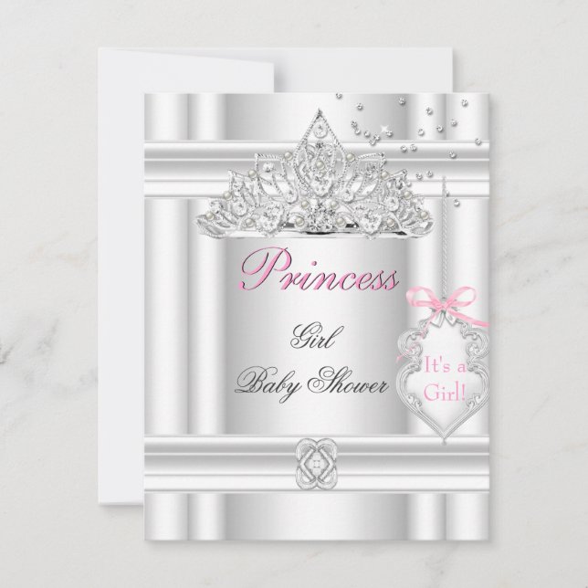 Baby Shower Flicka Vit Rosa Prinsessa Tiara Inbjudningar (Framsida)