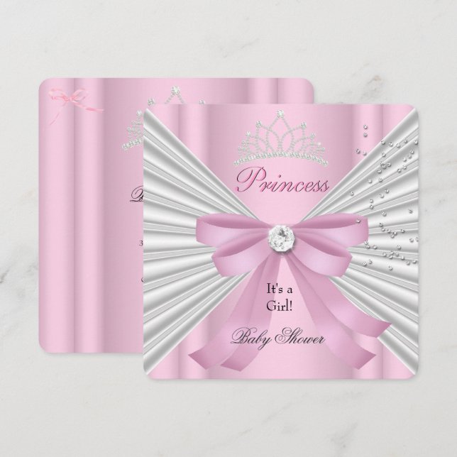 Baby Shower Flicka Vit Rosa Prinsessa Tiara Inbjudningar (Fram/baksida)