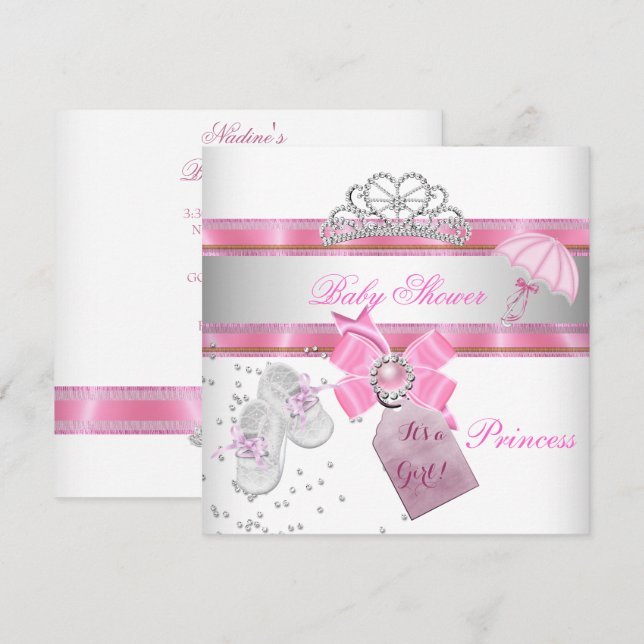 Baby Shower Flicka Vit Rosa Prinsessa Tiara Magisk Inbjudningar (Fram/baksida)