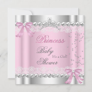 Baby Shower Flicka Vit Rosa Prinsessa Tiara Spets Inbjudningar