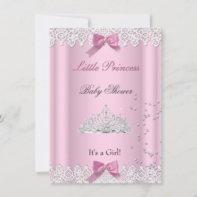 Baby Shower Flicka Vit Rosa Prinsessa Tiara Spets Inbjudningar (Framsida)