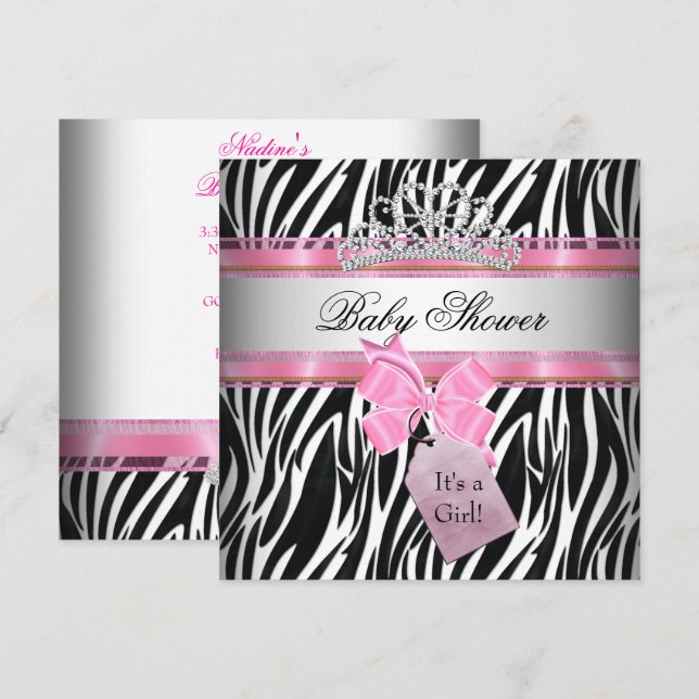 Baby Shower Flicka Zebra Rosa Prinsessa Svart Inbjudningar (Fram/baksida)