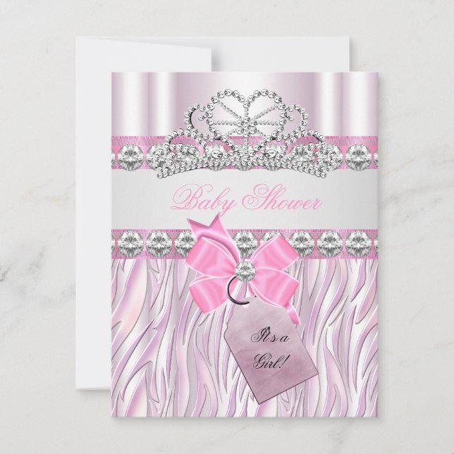 Baby Shower Flicka Zebra Rosa Prinsessa Tiara Diam Inbjudningar (Framsida)