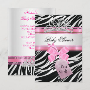 Baby Shower Flicka Zebra Rosa Prinsessa Tiara Inbjudningar