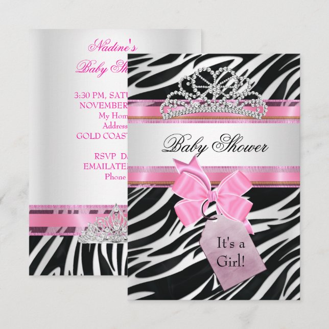 Baby Shower Flicka Zebra Rosa Prinsessa Tiara Inbjudningar (Fram/baksida)