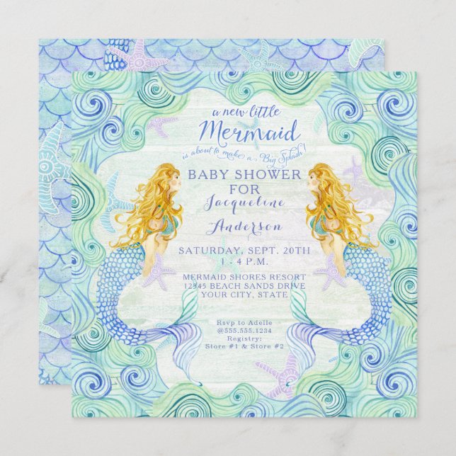 Baby Shower Flickan Sjöjungfru Akvarell Vågor Träk Inbjudningar (Fram/baksida)