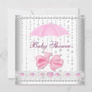 Baby Shower Flickig Baby Rosa Paraply Pärl Vit Inbjudningar