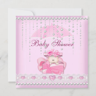 Baby Shower Flickig Baby Rosa Paraply Pärl Vit Inbjudningar