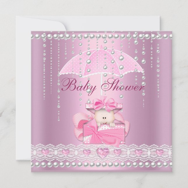 Baby Shower Flickig Baby Rosa Paraply Pärl Vit Inbjudningar (Framsida)