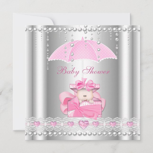 Baby Shower Flickig Bebis Rosa Paraply Pärla Silve Inbjudningar (Framsida)