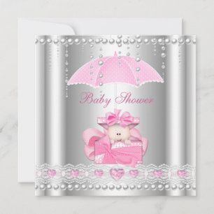 Baby Shower Flickig Bebis Rosa Paraply Pärla Silve Inbjudningar
