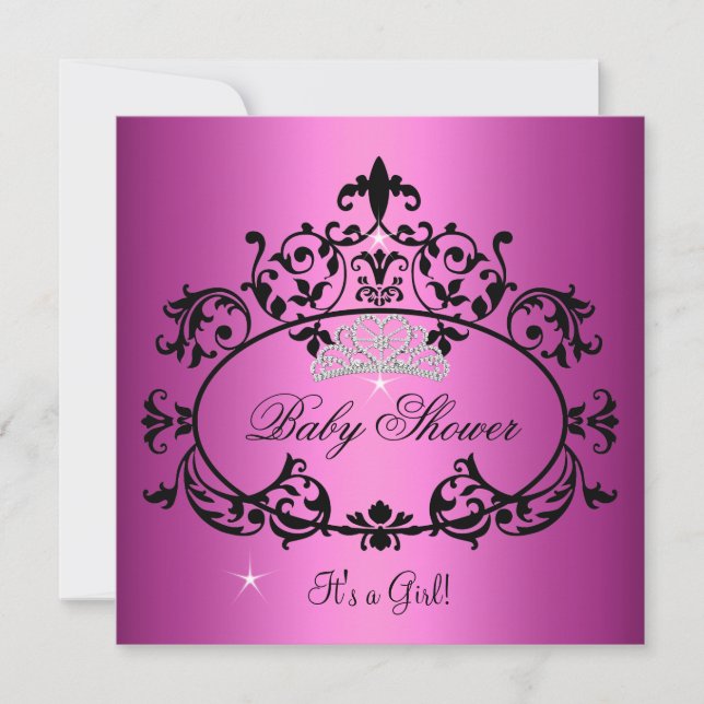 Baby Shower Flickig Rosa Prinsessa Tiara Svart Inbjudningar (Framsida)