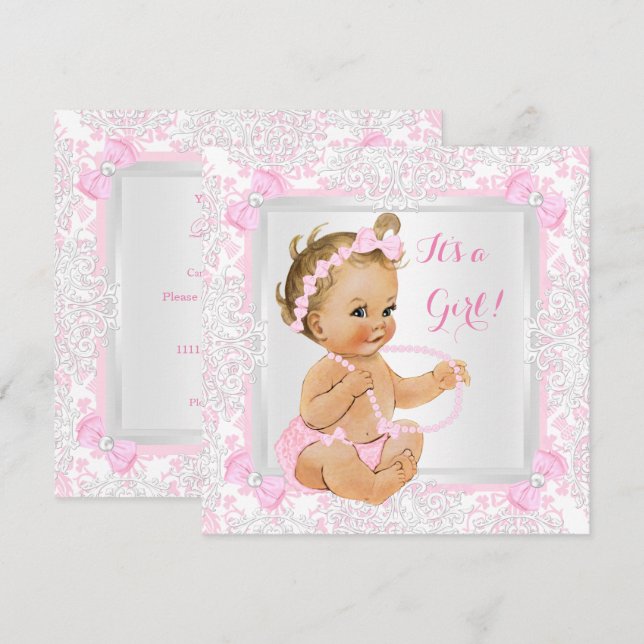 Baby Shower Flickor Lace Damask Rosa Blond Inbjudningar (Fram/baksida)