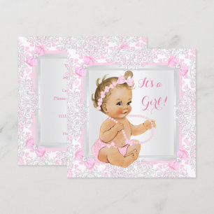 Baby Shower Flickor Lace Damask Rosa Blond Inbjudningar