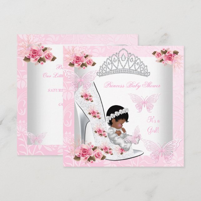 Baby Shower Flickor Prinsessa Fjärilsko Rosa Ros Inbjudningar (Fram/baksida)