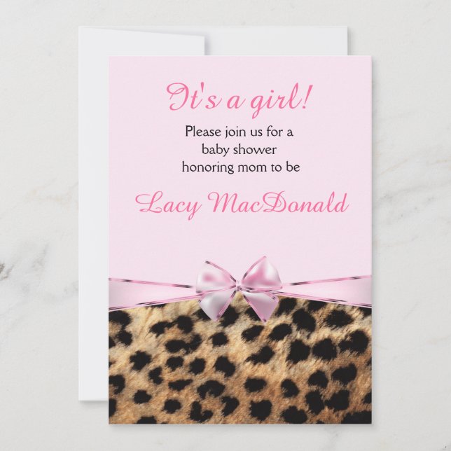 Baby Shower Flickor Rosa Bow Leopard Cheetah Inbju Inbjudningar (Framsida)