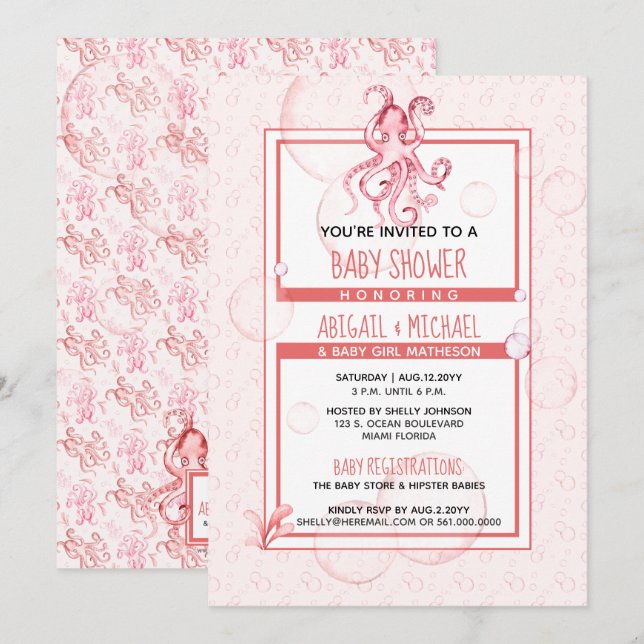 Baby Shower Flicktema Korall & Rosa Vattenfärg Blä Inbjudningar (Fram/baksida)