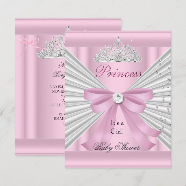 Baby Shower Flickvän Hvit Rosa Prinsessa Tiara Inbjudningar (Fram/baksida)
