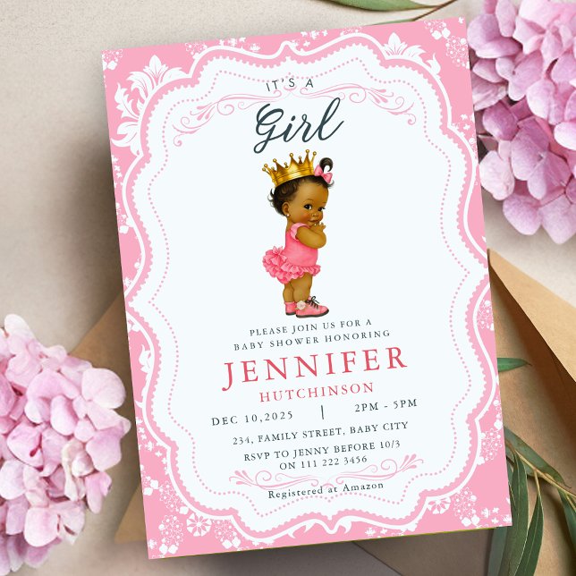 Baby Shower för afrikanska amerikanska Flicka Prin Inbjudningar (African American Baby Girl Princess Baby Shower Invitation)