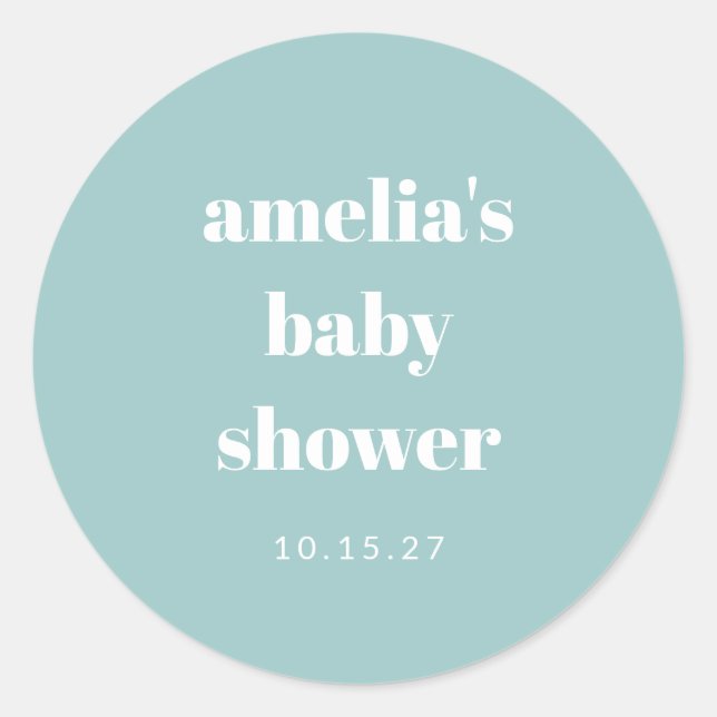 Baby Shower för Aqua Blue Minimalist Cute Anpassni Runt Klistermärke (Framsida)