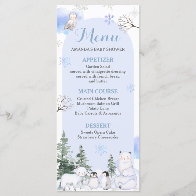 Baby Shower för ARCTIC ANIMAL Snöflingor Träd  Meny (Framsida)