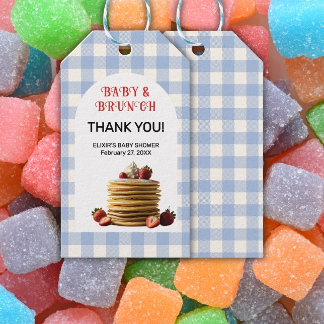 Baby Shower för baby & Brunch Blue Strawberry Panc Presentetikett (Skapare uppladdad)