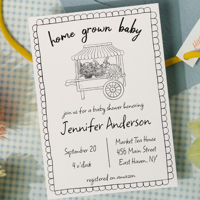 Baby Shower för Babyarna Hand plockade Inbjudningar (home grown baby shower farmers market invitation hand drawn scribble doodle invite gender neutral )