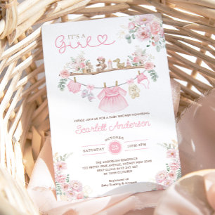 Baby Shower för Barnkläder Rosa Blommigt Tvätt Bab Inbjudningar