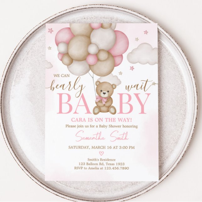 Baby Shower för björnbjörn Inbjudningar (Pink Boho Bear Balloon Baby Shower Invitation)