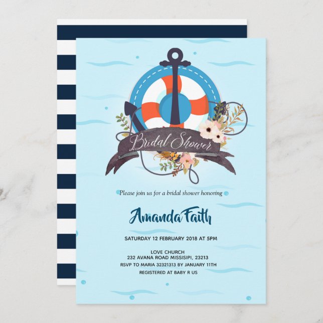 Baby Shower för blå Blommigt för marin flotta Inbjudningar (Fram/baksida)