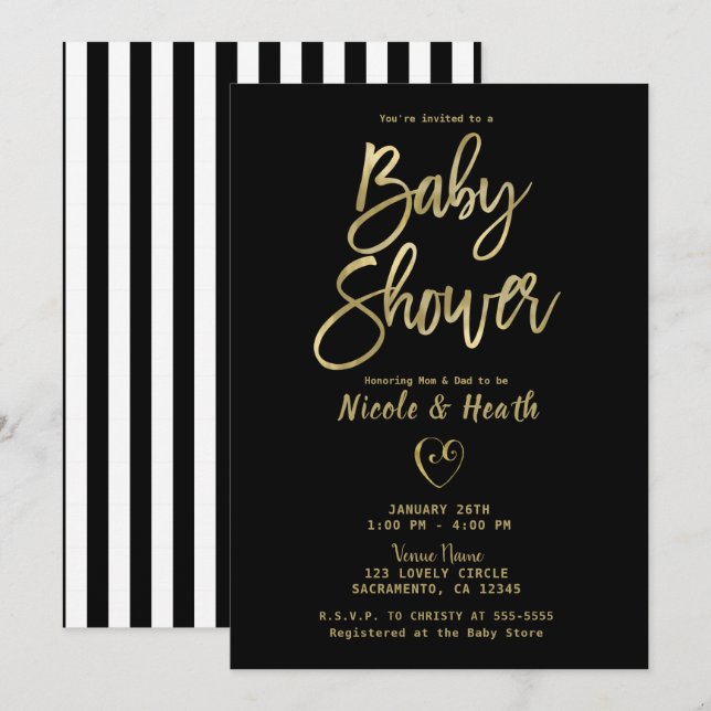 Baby Shower för Black White Rand Guld Chic  Baby S Inbjudningar (Fram/baksida)
