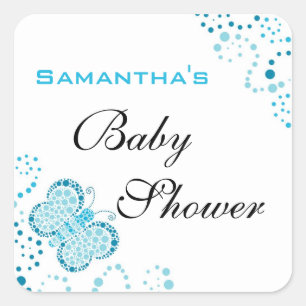 Baby shower för blått- & vitfjärilselegant fyrkantigt klistermärke