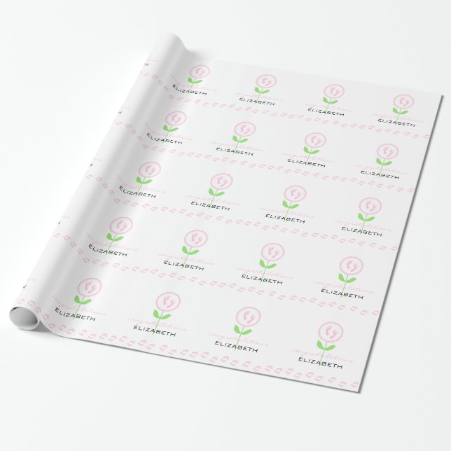 Baby shower för blomma för rosababyfotspår presentpapper (Utrullad)