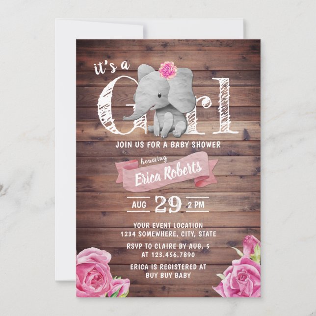 Baby Shower för Blommigt för flickcute Elephant Ru Inbjudningar (Framsida)