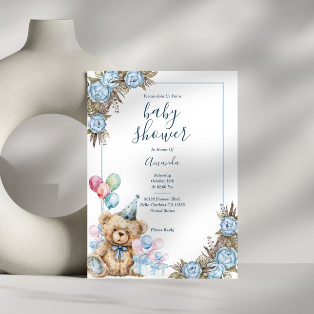 Baby Shower för Blommigt för kute-blått björn Inbjudningar (Skapare uppladdad)