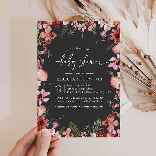 Baby Shower för Blommigt för modern Charcol Boho W Inbjudningar (Skapare uppladdad)