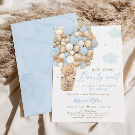 Baby Shower för Blue Guld Nalle Luftballong Baby S Inbjudningar
