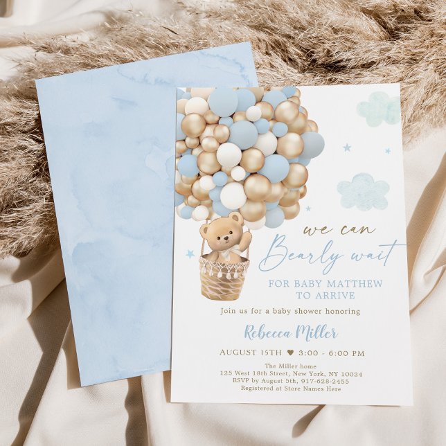 Baby Shower för Blue Guld Nalle Luftballong Baby S Inbjudningar (Skapare uppladdad)