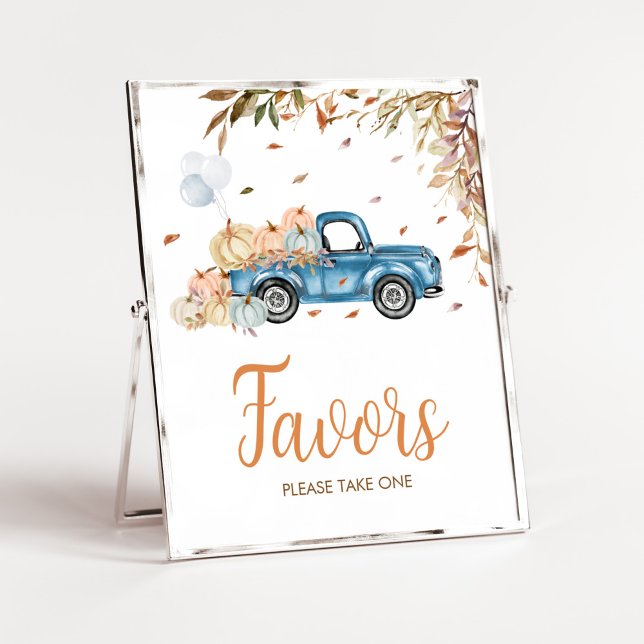 Baby Shower för Blue Lastbil Pumpkin Favoriter Poster (Boy Little Pumpkin Truck Baby Shower Favors Sign)