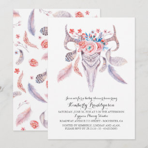 Baby shower för Boho blom- vattenfärgskalle Inbjudningar